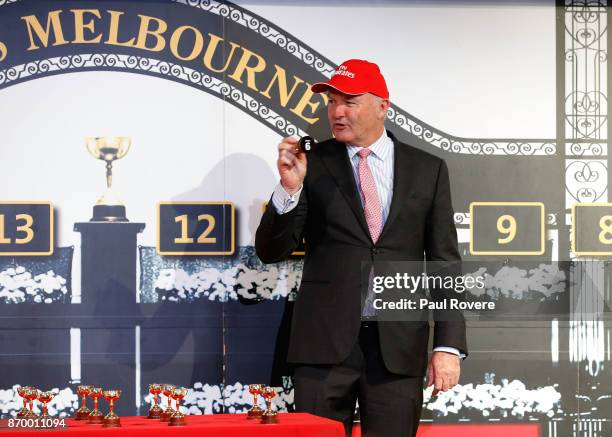 David Hayes reacts after drawing barrier 9 for his horse Boom Time during the Emirates Melbourne Cup Barrier Draw at Flemington Racecourse on...