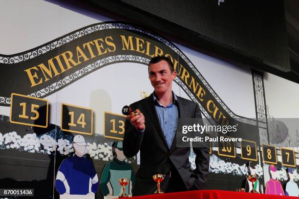 Billy Owen reacts after drawing barrier 11 for his horse Single Gaze during the Emirates Melbourne Cup Barrier Draw at Flemington Racecourse on...