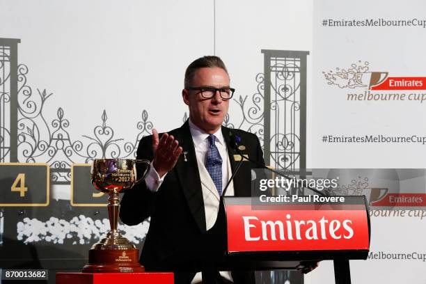 Interim CEO Neil Wilson speaks to the media during the Emirates Melbourne Cup Barrier Draw at Flemington Racecourse on November 4, 2017 in Melbourne,...