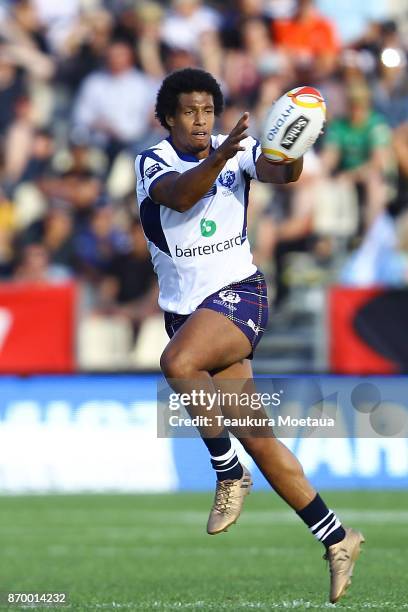 Oscar Thomas of Scotland looks to take a pass during the 2017 Rugby League World Cup match between the New Zealand Kiwis and Scotland at AMI Stadium...