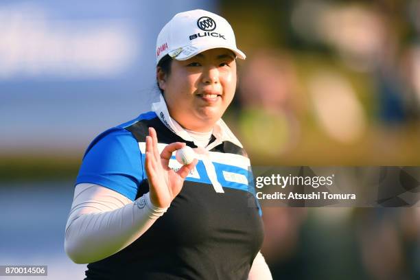 Shanshan Feng of China celebrates after making her biride putt on the 18th hole during the second round of the TOTO Japan Classics 2017 at the...