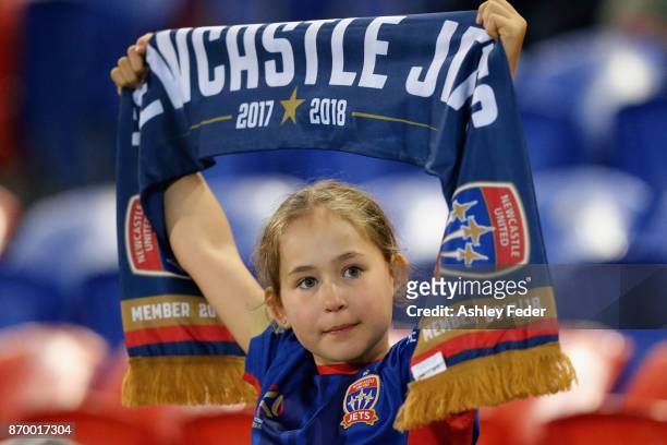 Jets fan shows their support during the round five A-League match between the Newcastle Jets and the Wellington Phoenix at McDonald Jones Stadium on...
