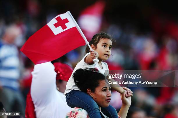 Fans showing their support during the 2017 Rugby League World Cup match between Samoa and Tonga at Waikato Stadium on November 4, 2017 in Hamilton,...