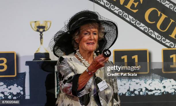 Christabel Goodwin draws barrier 16 for Marmelo during The Melbourne Cup Barrier Draw at Flemington Racecourse on November 04, 2017 in Flemington,...