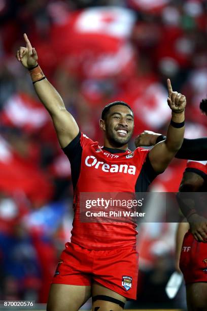 Stone Katoa of Tonga celebrates during the 2017 Rugby League World Cup match between Samoa and Tonga at Waikato Stadium on November 4, 2017 in...