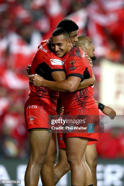 Sio Siua Taukeiaho of Tonga celebrates during the 2017 Rugby League World Cup match between Samoa and Tonga at Waikato Stadium on November 4, 2017 in...