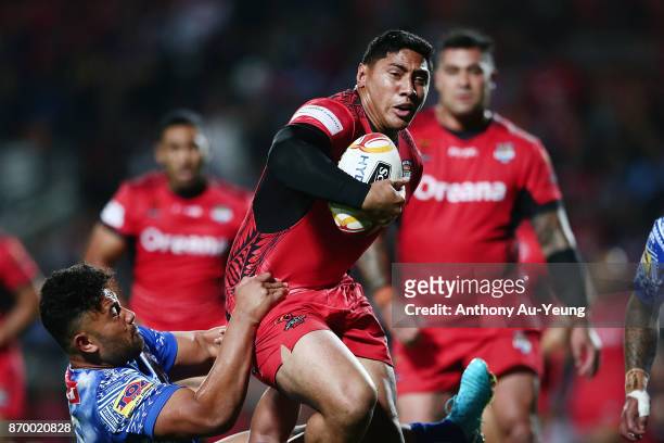 Jason Taumalolo of Tonga on the charge during the 2017 Rugby League World Cup match between Samoa and Tonga at Waikato Stadium on November 4, 2017 in...