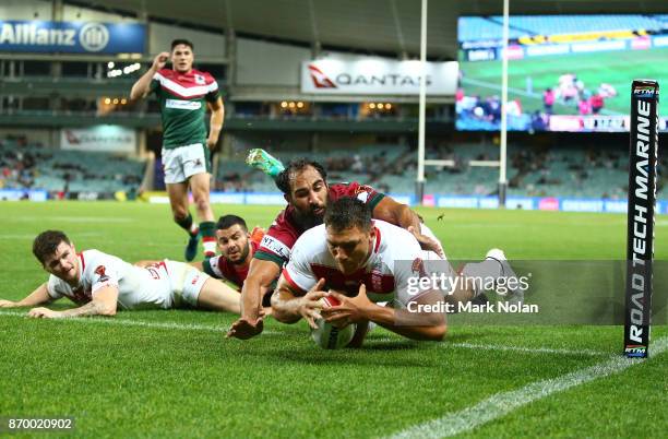 Ryan Hall of England dives to score a try during the 2017 Rugby League World Cup match between England and Lebanon at Allianz Stadium on November 4,...