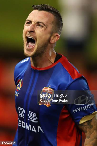 Roy O'Donovan of the Jets celebrates a goal during the round five A-League match between the Newcastle Jets and the Wellington Phoenix at McDonald...