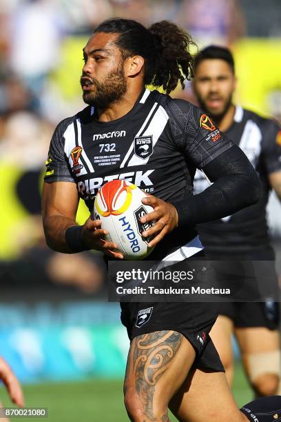 Adam Blair of New Zealand takes a hit up during the 2017 Rugby League World Cup match between the New Zealand Kiwis and Scotland at AMI Stadium on...