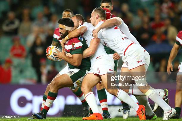 Nick Kassis of Lebanon is tackled during the 2017 Rugby League World Cup match between England and Lebanon at Allianz Stadium on November 4, 2017 in...