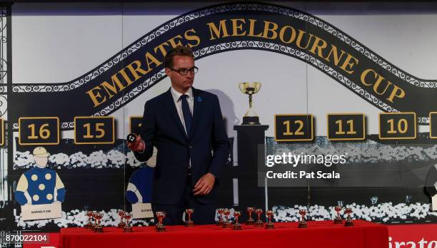 Jason Walsh draws barrier 12 for Hartnell during The Melbourne Cup Barrier Draw at Flemington Racecourse on November 04, 2017 in Flemington,...