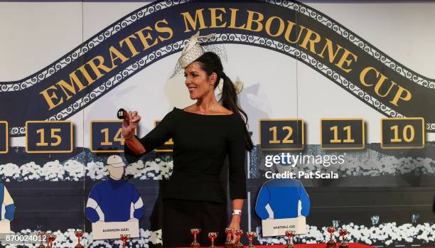 Saskia Williams draws barrier 18 for Gallante during The Melbourne Cup Barrier Draw at Flemington Racecourse on November 04, 2017 in Flemington,...