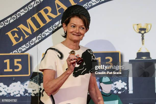 Val Ryan draws barrier 1 for Bondi Beach during The Melbourne Cup Barrier Draw at Flemington Racecourse on November 04, 2017 in Flemington, Australia.