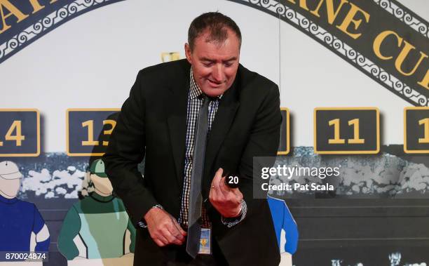 Humphrey O'Leary draws barrier 20 for Who Shot Thebarman during The Melbourne Cup Barrier Draw at Flemington Racecourse on November 04, 2017 in...