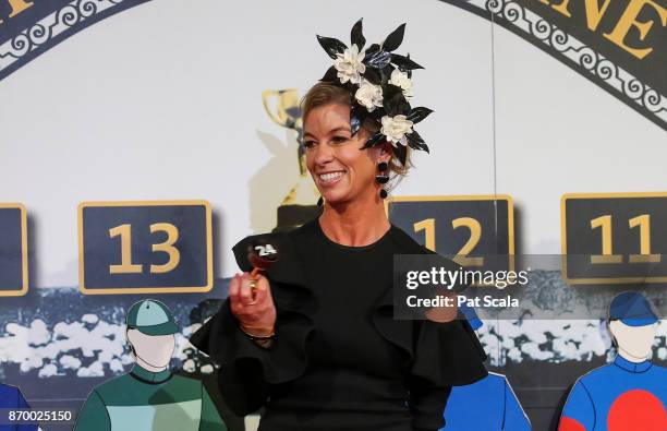 Kelly Lovett draws barrier 24 for Red Cardinal during The Melbourne Cup Barrier Draw at Flemington Racecourse on November 04, 2017 in Flemington,...