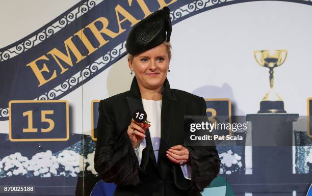Vanessa Palmer draws barrier 15 for Wall of Fire during The Melbourne Cup Barrier Draw at Flemington Racecourse on November 04, 2017 in Flemington,...