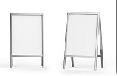 Blank white metallic outdoor advertising stand mockup, isolated, 3d rendering. Clear street signage board mock up. A-board with metal frame template