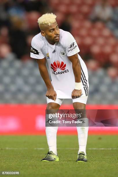 Roy Krishna of the Phoenix looks dejected after losing to the Jets during the round five A-League match between the Newcastle Jets and the Wellington...