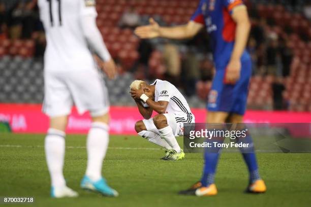 Roy Krishna of the Phoenix looks dejected after losing to the Jets during the round five A-League match between the Newcastle Jets and the Wellington...