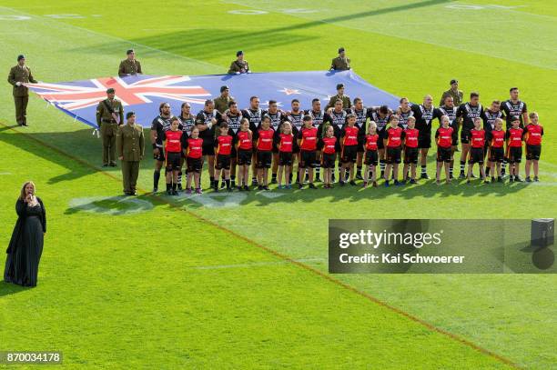 The Kiwis line up for their naticonal anthem prior to the 2017 Rugby League World Cup match between the New Zealand Kiwis and Scotland at AMI Stadium...