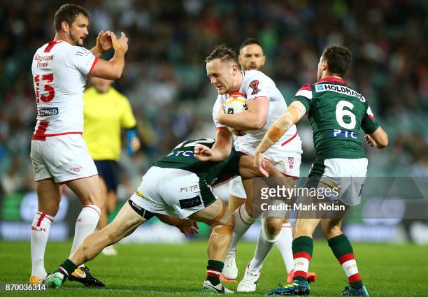 James Roby of England is tackled during the 2017 Rugby League World Cup match between England and Lebanon at Allianz Stadium on November 4, 2017 in...