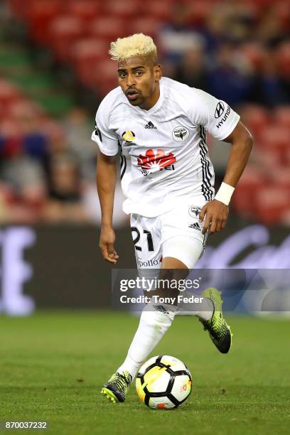 Roy Krishna of the Phoenix in action during the round five A-League match between the Newcastle Jets and the Wellington Phoenix at McDonald Jones...