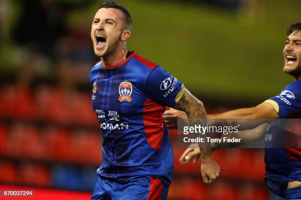 Roy O'Donovan of the Jets celebrates a goal during the round five A-League match between the Newcastle Jets and the Wellington Phoenix at McDonald...