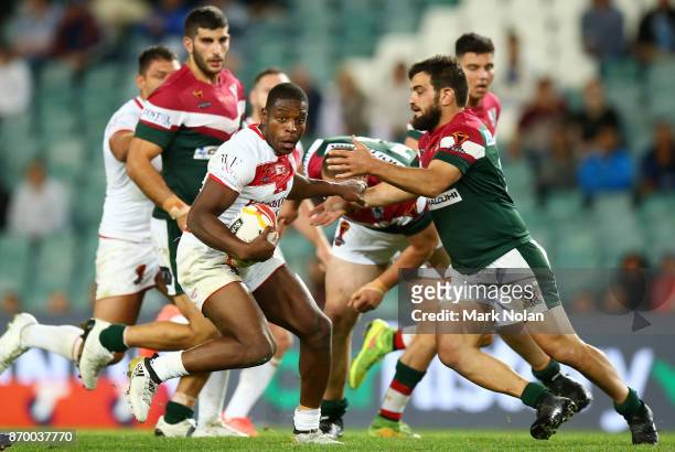 Jermaine McGillvary of England in action during the 2017 Rugby League World Cup match between England and Lebanon at Allianz Stadium on November 4,...