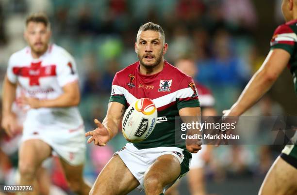 Robbie Farah of Lebanon in action during the 2017 Rugby League World Cup match between England and Lebanon at Allianz Stadium on November 4, 2017 in...