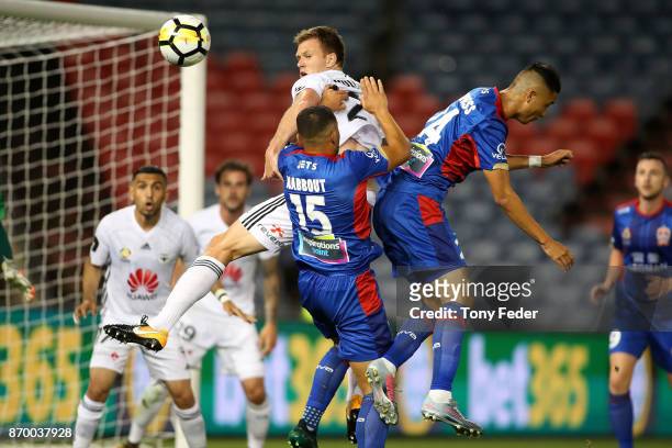 Daniel Mullen of the Phoenix heads the ball during the round five A-League match between the Newcastle Jets and the Wellington Phoenix at McDonald...