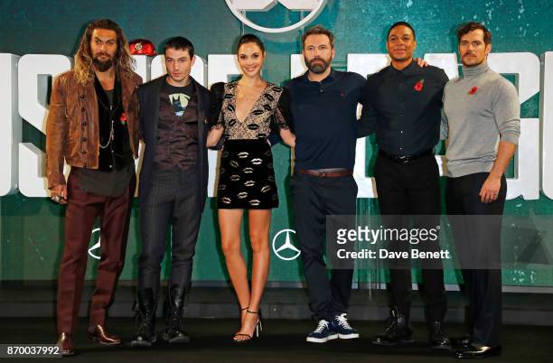 Jason Momoa, Ezra Miller, Gal Gadot, Ben Affleck, Ray Fisher and Henry Cavill attend the "Justice League" photocall at The College on November 4,...
