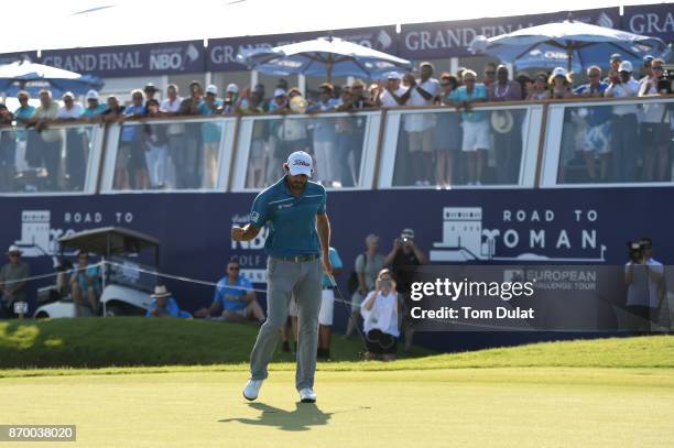 Clement Sordet of France celebrates victory on the 18th green during the final round of the NBO Golf Classic Grand Final at Al Mouj Golf on November...
