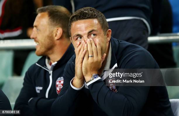 Sam Burgess of England watches on from the stands during the 2017 Rugby League World Cup match between England and Lebanon at Allianz Stadium on...