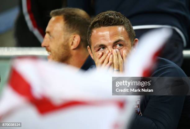Sam Burgess of England watches on from the stands during the 2017 Rugby League World Cup match between England and Lebanon at Allianz Stadium on...