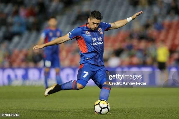 Dimitri Petratos of the Jets takes a free kick during the round five A-League match between the Newcastle Jets and the Wellington Phoenix at McDonald...