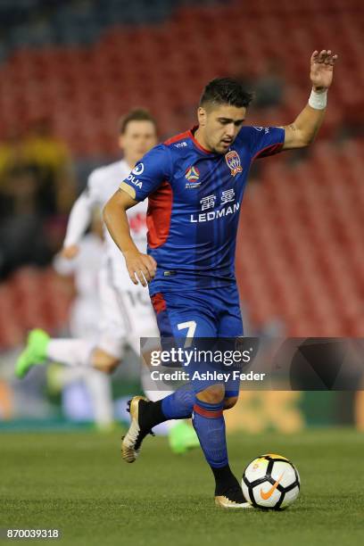 Dimitri Petratos of the Jets in action during the round five A-League match between the Newcastle Jets and the Wellington Phoenix at McDonald Jones...