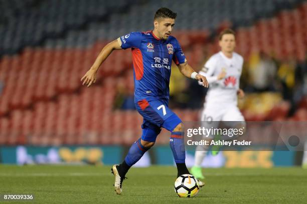 Dimitri Petratos of the Jets in action during the round five A-League match between the Newcastle Jets and the Wellington Phoenix at McDonald Jones...