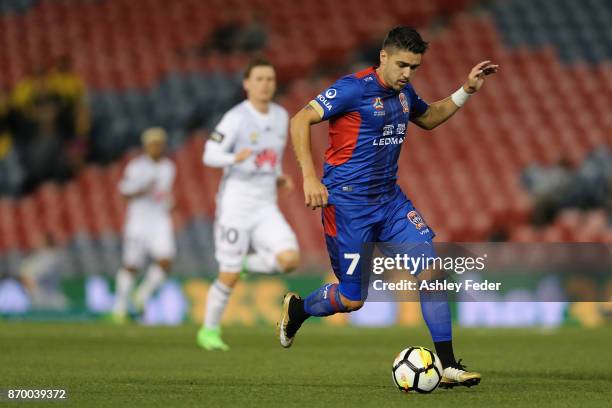 Dimitri Petratos of the Jets in action during the round five A-League match between the Newcastle Jets and the Wellington Phoenix at McDonald Jones...