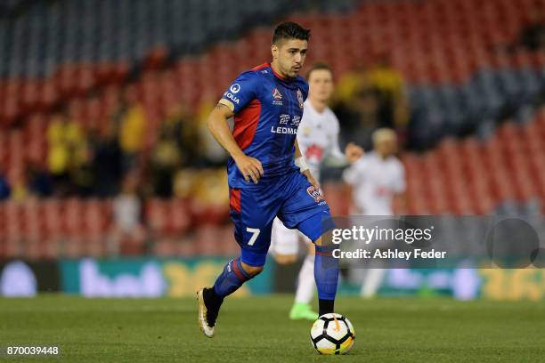 Dimitri Petratos of the Jets in action during the round five A-League match between the Newcastle Jets and the Wellington Phoenix at McDonald Jones...