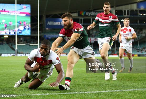 Jermaine McGillvary of England dives to score a try witch was later dis-allowed during the 2017 Rugby League World Cup match between England and...