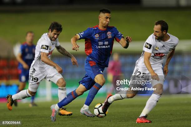 Joseph Champness of the Jets in action during the round five A-League match between the Newcastle Jets and the Wellington Phoenix at McDonald Jones...