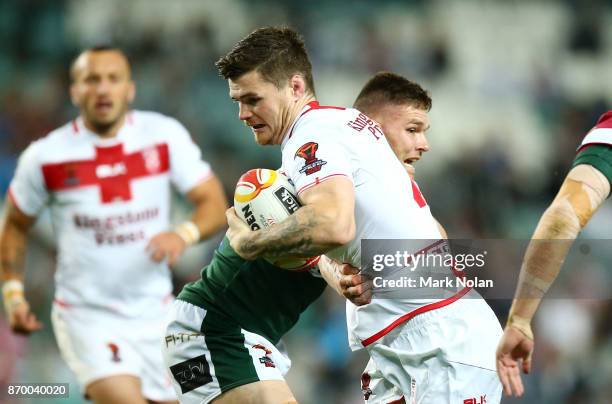 John Bateman of England in action during the 2017 Rugby League World Cup match between England and Lebanon at Allianz Stadium on November 4, 2017 in...