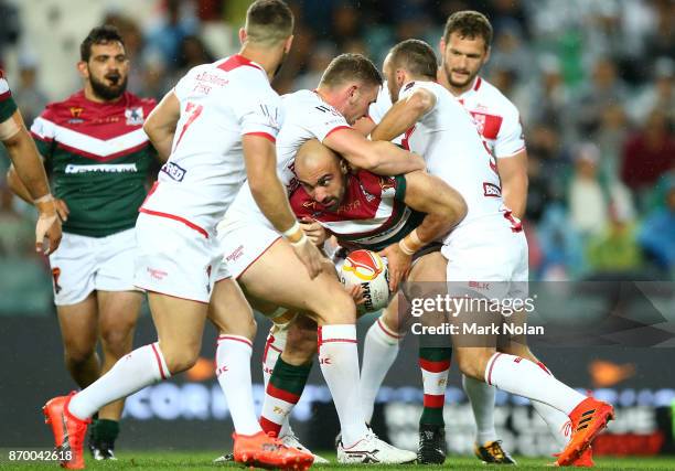 Tim Mannah of Lebanon is tackled during the 2017 Rugby League World Cup match between England and Lebanon at Allianz Stadium on November 4, 2017 in...
