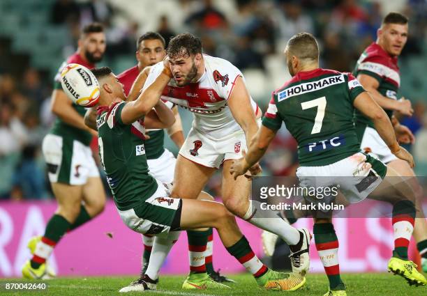 Alex Walmsley of England offloads during the 2017 Rugby League World Cup match between England and Lebanon at Allianz Stadium on November 4, 2017 in...