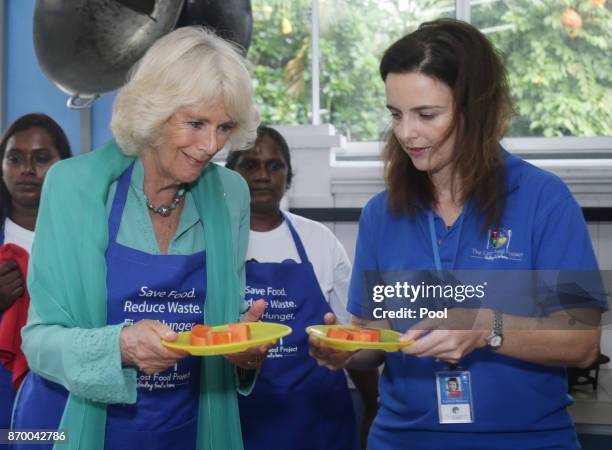 Camilla, The Duchess of Cornwall and the project's Chairwoman and Founder, Mrs Suzanne Mooney, prepare food for residents of The Lighthouse...