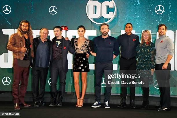 Jason Momoa, producer Charles Roven, Ezra Miller, Gal Gadot, Ben Affleck, Ray Fisher, producer Deborah Snyder and Henry Cavill attend the "Justice...