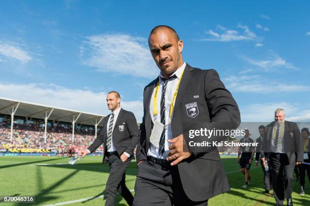 Thomas Leuluai of the Kiwis looks on during the 2017 Rugby League World Cup match between the New Zealand Kiwis and Scotland at AMI Stadium on...