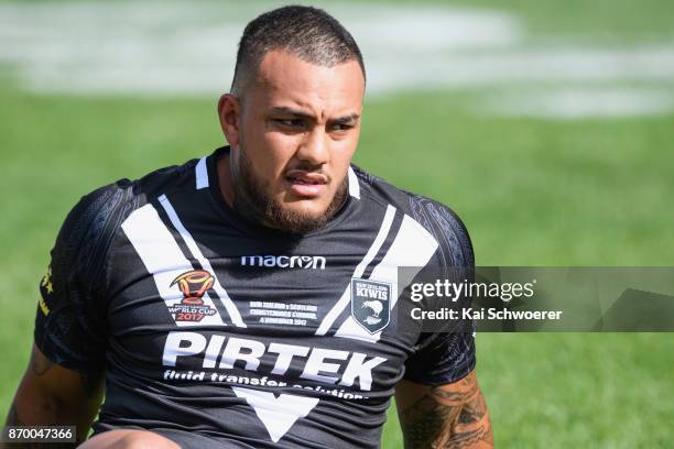 Addin Fonua-Blake of the Kiwis warms up prior to the 2017 Rugby League World Cup match between the New Zealand Kiwis and Scotland at AMI Stadium on...