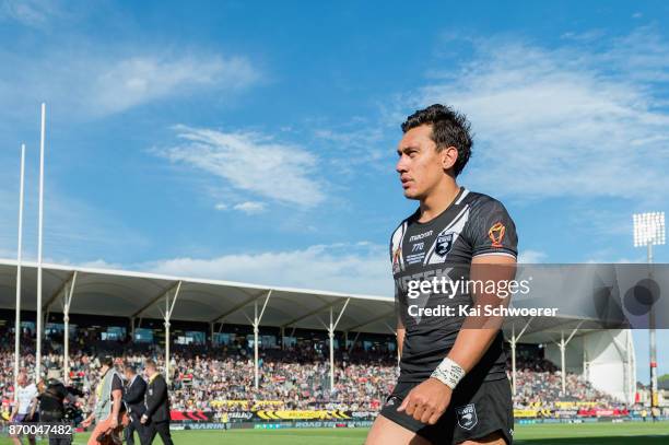Elijah Taylor of the Kiwis looks on during the 2017 Rugby League World Cup match between the New Zealand Kiwis and Scotland at AMI Stadium on...